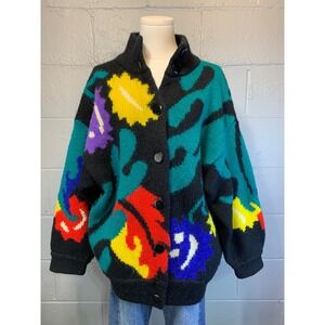 I.B. Diffusion Vintage 80s Abstract Wool Blend Chunky Knit Cardigan S